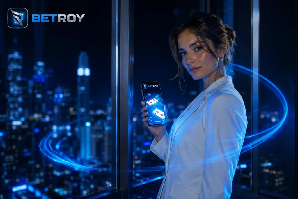 Betroy Türkiye: beyaz ceketli kadın, gökdelen katından gece manzarasına karşı telefonuyla