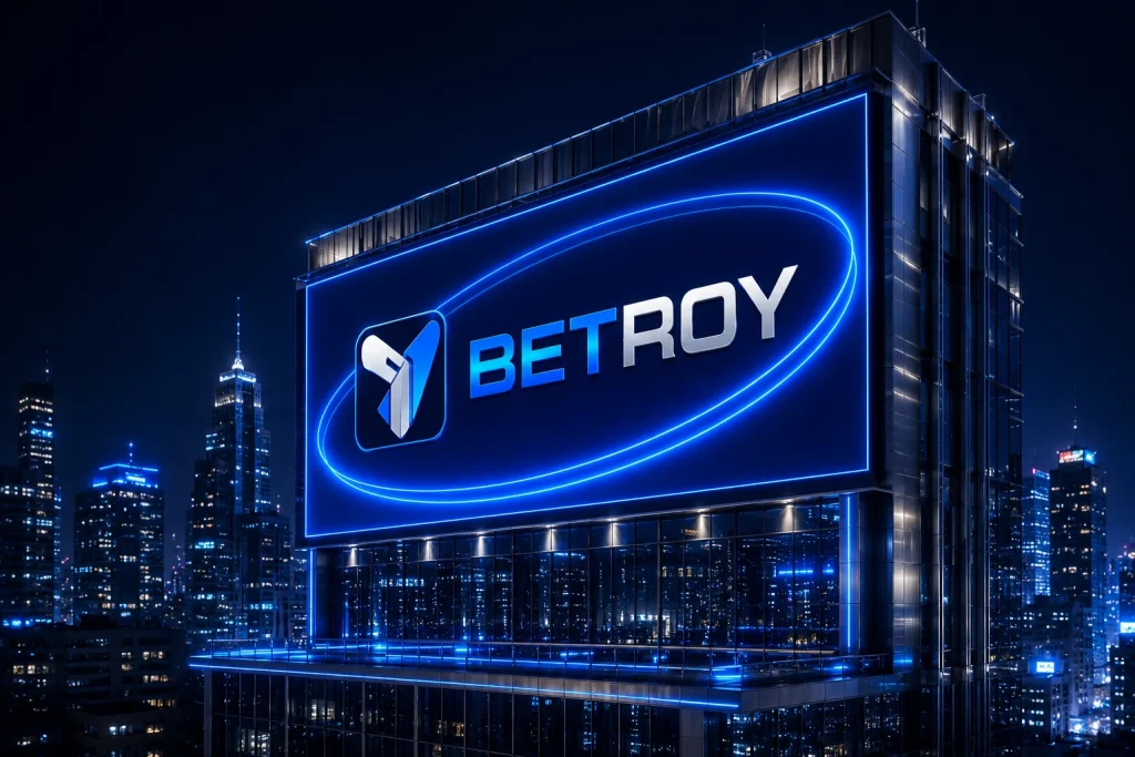 Betroy Türkiye: gece şehrinde gökdelen üzerindeki dev reklam panosu