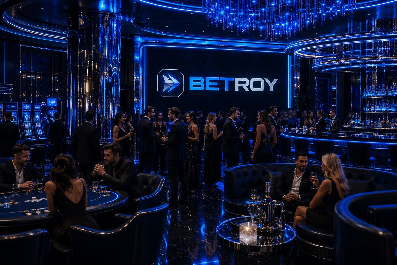 Betroy Türkiye: mavi neon ışıklı lüks casino salonunda kalabalık parti