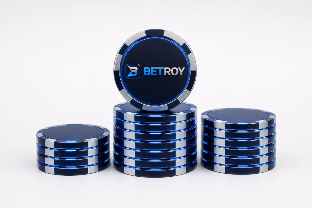 Betroy Türkiye: beyaz zeminde mavi poker jetonu yığınları