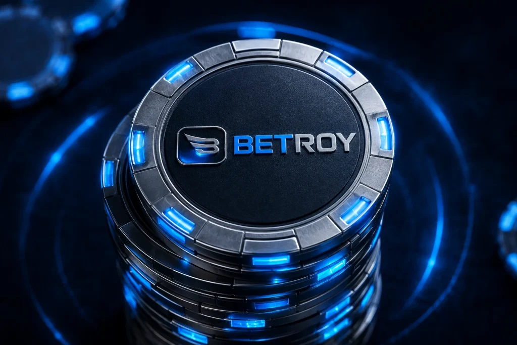 Betroy Türkiye: mavi ışıkta metalik casino fişi, yakın çekim